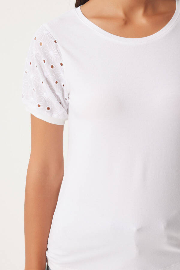 Women's Ecru Guipure Sleeved Cotton Basic Knit T-Shirt VF00001 - 5