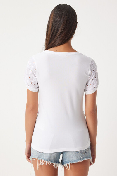 Women's Ecru Guipure Sleeved Cotton Basic Knit T-Shirt VF00001 - 6