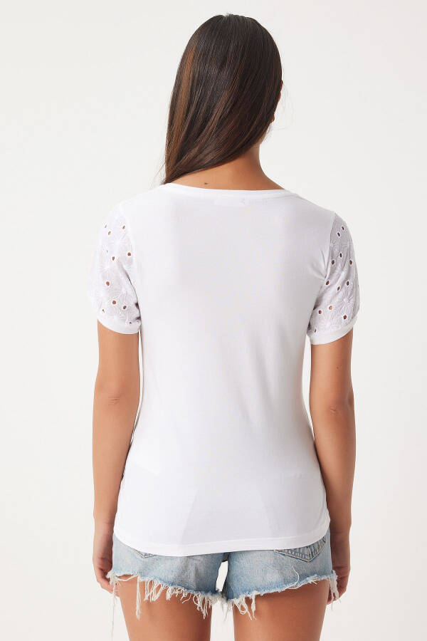 Women's Ecru Guipure Sleeved Cotton Basic Knit T-Shirt VF00001 - 6