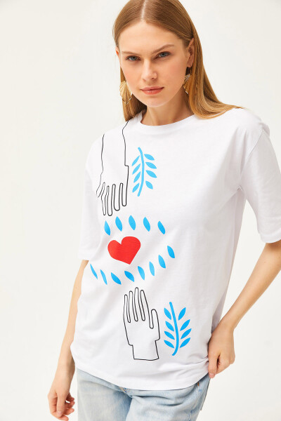 Women's Ecru Hand Heart Printed Relaxed Fit T-Shirt TSH-19000781 - 1