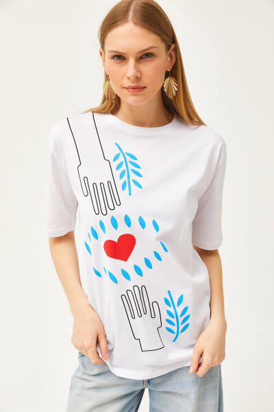 Women's Ecru Hand Heart Printed Relaxed Fit T-Shirt TSH-19000781 - 5