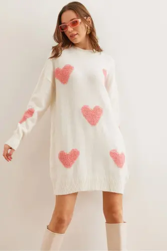 Women's Ecru Heart Detailed Soft Textured Knitted Tunic 