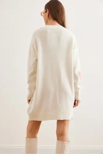 Women's Ecru Heart Detailed Soft Textured Knitted Tunic - 5