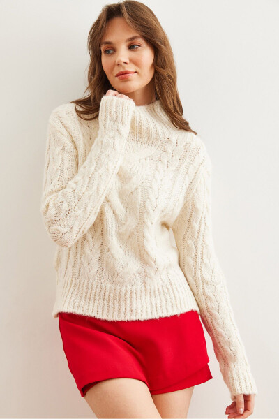 Women's Ecru High Neck Cable Knit Sweater KZK-19000934 - 2