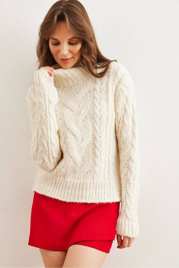 Women's Ecru High Neck Cable Knit Sweater KZK-19000934 - 3