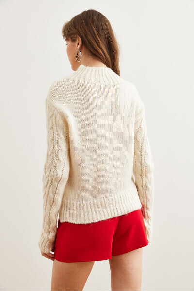 Women's Ecru High Neck Cable Knit Sweater KZK-19000934 - 13