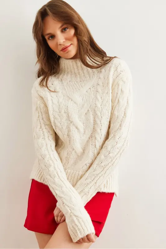 Women's Ecru High Neck Cable Knit Sweater KZK-19000934 - 2