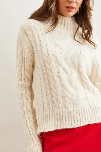 Women's Ecru High Neck Cable Knit Sweater KZK-19000934 - 6