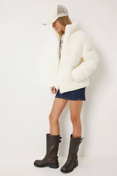 Women's Ecru High Neck Plush Puffer Jacket QA00002 - HAPPINESS İSTANBUL (1)