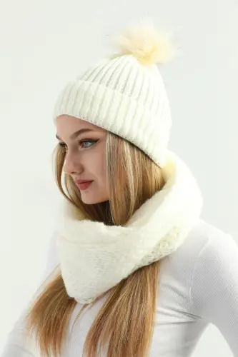 Women's Ecru Knit Pom Pom Beanie and Knitted Neck Warmer Set - 4
