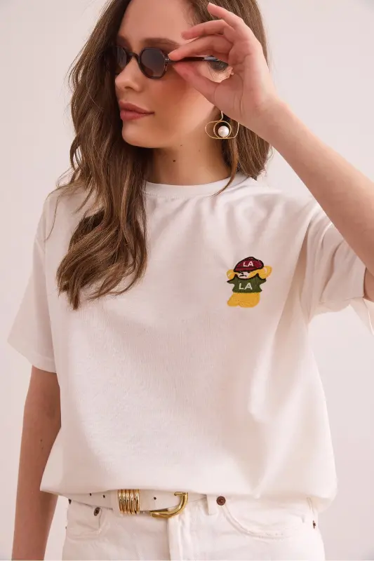 Women's Ecru LA Embroidered Boyfriend 2-Thread T-Shirt TSH-19000874 - Ecru - 1