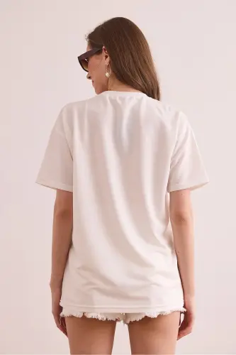 Women's Ecru LA Embroidered Boyfriend 2-Thread T-Shirt TSH-19000874 - Ecru - 2