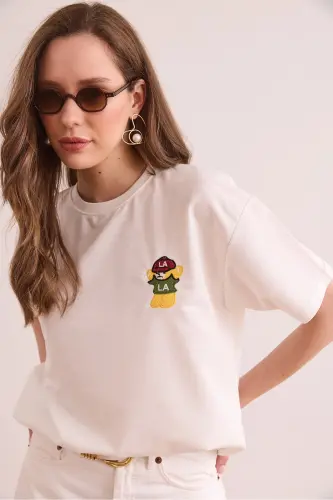 Women's Ecru LA Embroidered Boyfriend 2-Thread T-Shirt TSH-19000874 - Ecru - 4