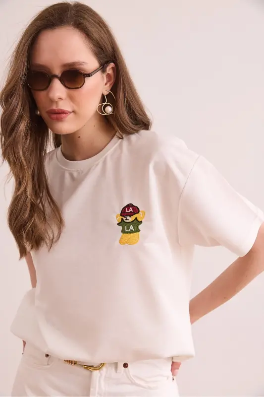 Women's Ecru LA Embroidered Boyfriend 2-Thread T-Shirt TSH-19000874 - Ecru - 4