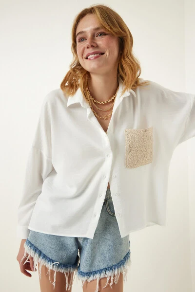 Women's Ecru Lace Detail Linen Shirt TP00018 - HAPPINESS İSTANBUL