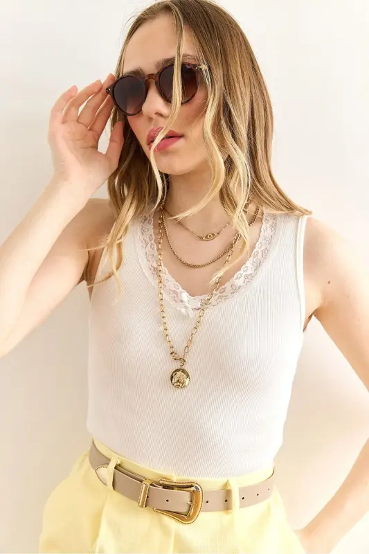 Women's Ecru Lace Detailed Cotton Ribbed Blouse BLZ- - 1