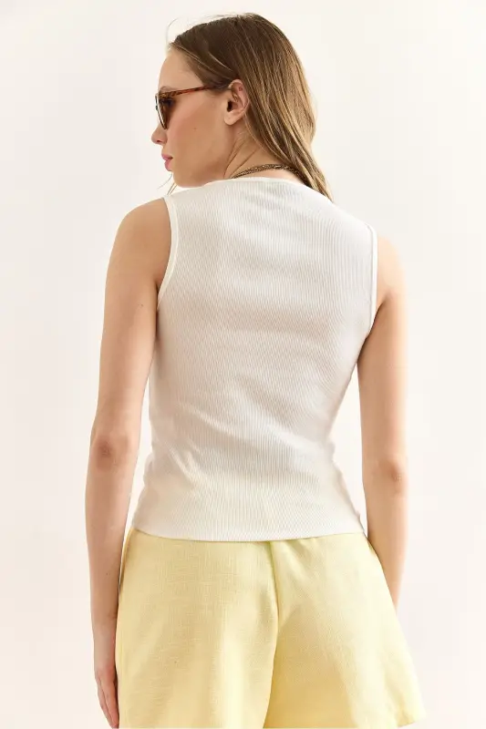 Women's Ecru Lace Detailed Cotton Ribbed Blouse BLZ- - 2