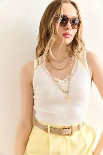 Women's Ecru Lace Detailed Cotton Ribbed Blouse BLZ- - 3