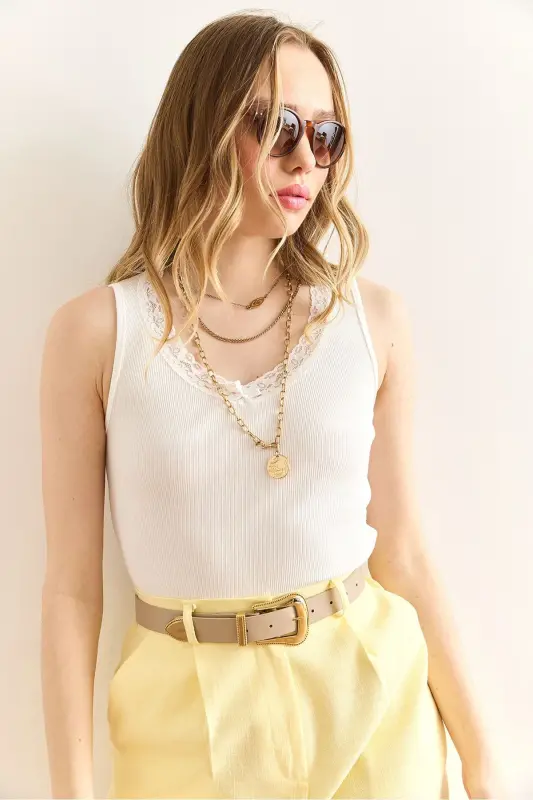 Women's Ecru Lace Detailed Cotton Ribbed Blouse BLZ- - 4