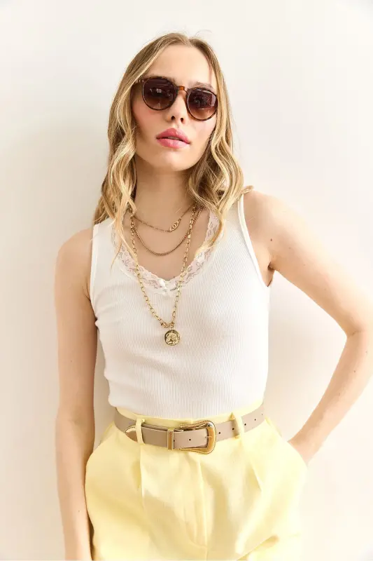 Women's Ecru Lace Detailed Cotton Ribbed Blouse BLZ- - 5