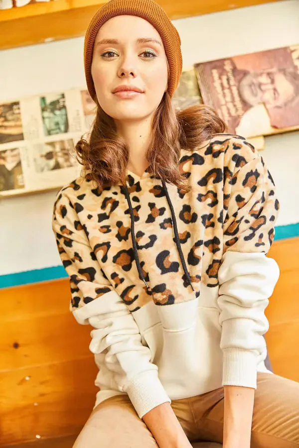 Women's Ecru Leopard Fleece Detailed Fleece Lined Thick Sweatshirt SWT-19000470 - 5