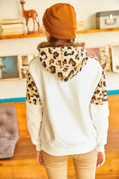Women's Ecru Leopard Fleece Detailed Fleece Lined Thick Sweatshirt SWT-19000470 - 6