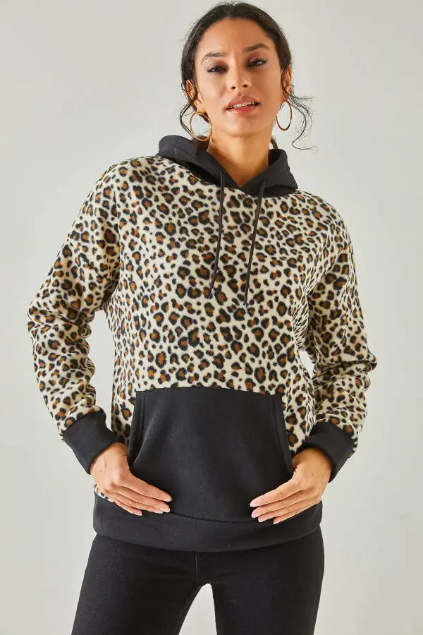 Women's Ecru Leopard Leopard Hooded Fleece Sweatshirt SWT-19000326 - 1