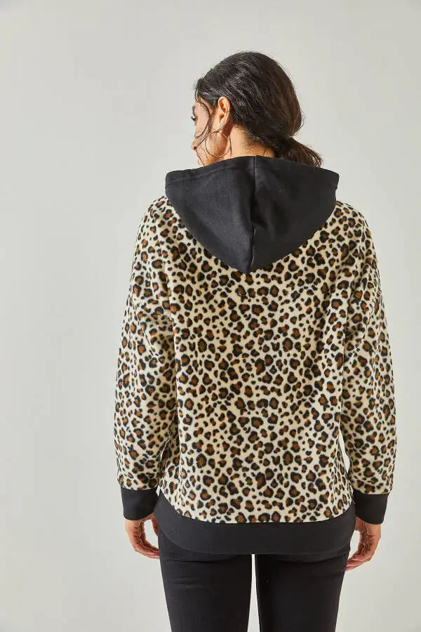 Women's Ecru Leopard Leopard Hooded Fleece Sweatshirt SWT-19000326 - 5