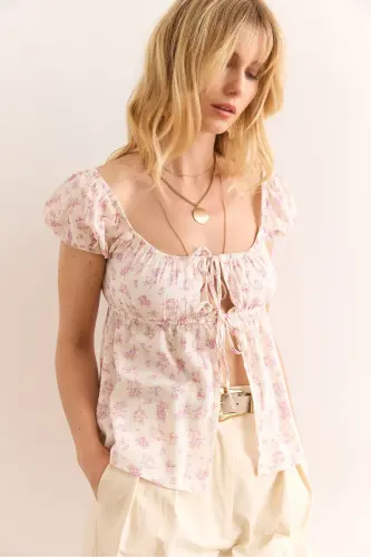 Women's Ecru Lilac Lace-up Detail Viscose Blouse - 1
