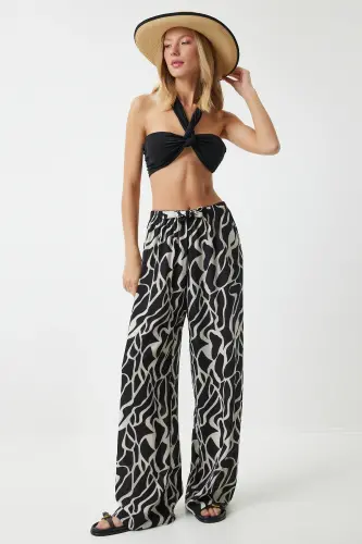 Women's Ecru Lively Black Patterned Flowy Viscose Palazzo Pants EN00606-Ecru Lively Black - HAPPINESS İSTANBUL (1)