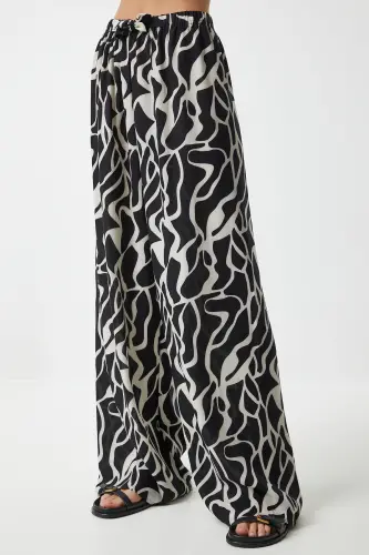 Women's Ecru Lively Black Patterned Flowy Viscose Palazzo Pants EN00606-Ecru Lively Black - 4