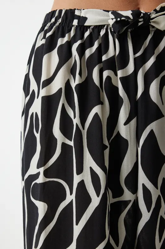 Women's Ecru Lively Black Patterned Flowy Viscose Palazzo Pants EN00606-Ecru Lively Black - 5