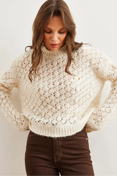 Women's Ecru Openwork Pompom Textured Knit Cardigan KZK-19000935 - OLALOOK