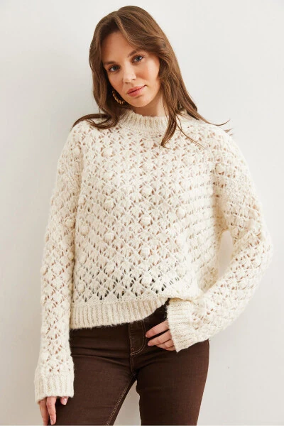 Women's Ecru Openwork Pompom Textured Knit Cardigan KZK-19000935 - OLALOOK (1)