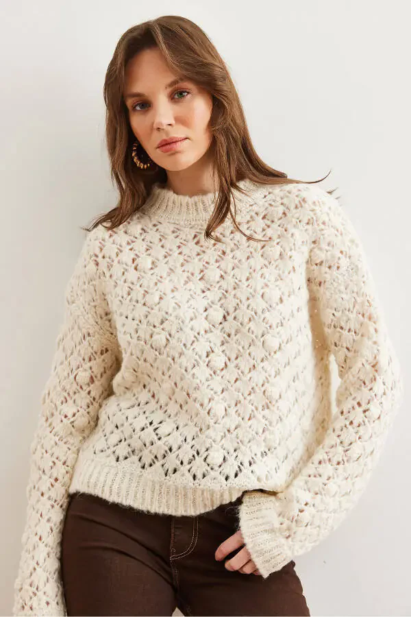 Women's Ecru Openwork Pompom Textured Knit Cardigan KZK-19000935 - 3