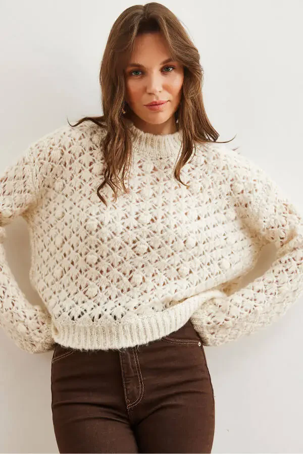 Women's Ecru Openwork Pompom Textured Knit Cardigan KZK-19000935 - 5