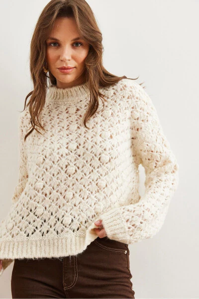 Women's Ecru Openwork Pompom Textured Knit Cardigan KZK-19000935 - 6