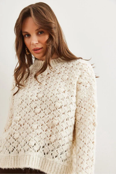 Women's Ecru Openwork Pompom Textured Knit Cardigan KZK-19000935 - 7