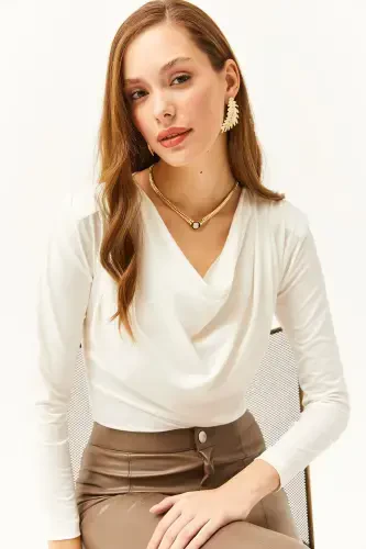 Women's Ecru Padded Pleated Cowl Neck Blouse BLZ-19002419-Ecru - OLALOOK (1)