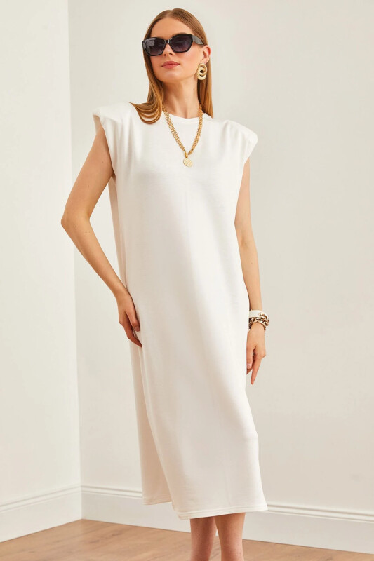 Women's Ecru Padded Shoulder Slit Crystal Dress ELB-19002086-Ecru - OLALOOK