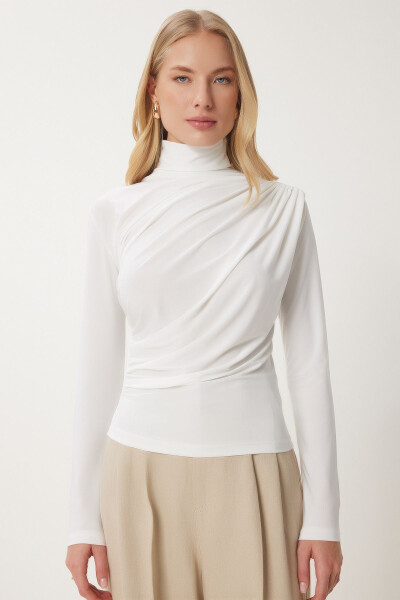 Women's Ecru Pleated Detail Stand Collar Sandy Blouse FF00135 - 3