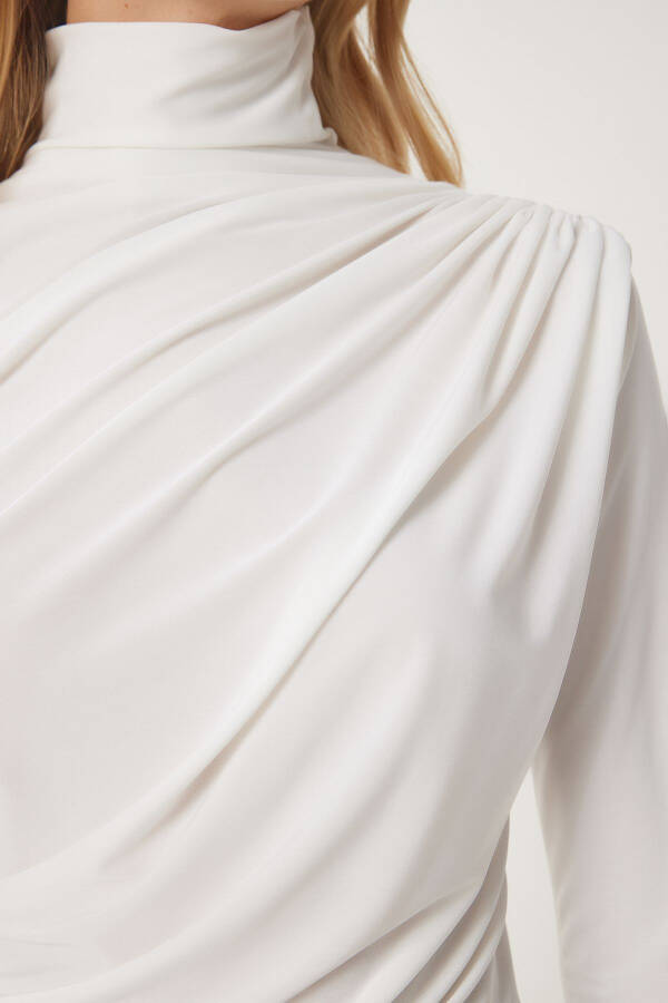 Women's Ecru Pleated Detail Stand Collar Sandy Blouse FF00135 - 4