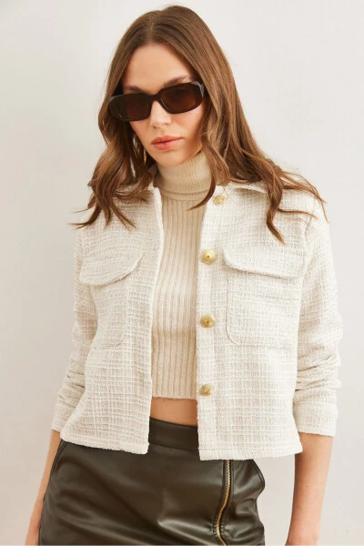Women's Ecru Pocket Button Glitter Detail Tweed Jacket - OLALOOK