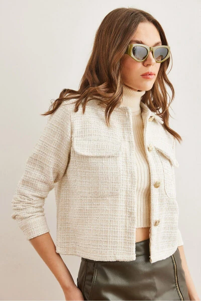 Women's Ecru Pocket Button Glitter Detail Tweed Jacket - OLALOOK (1)