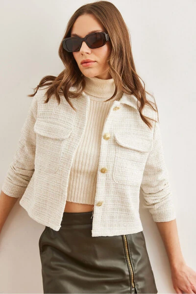 Women's Ecru Pocket Button Glitter Detail Tweed Jacket - 3