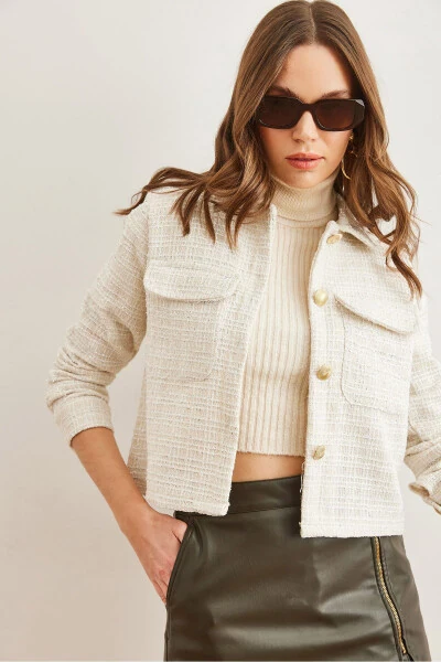 Women's Ecru Pocket Button Glitter Detail Tweed Jacket - 4