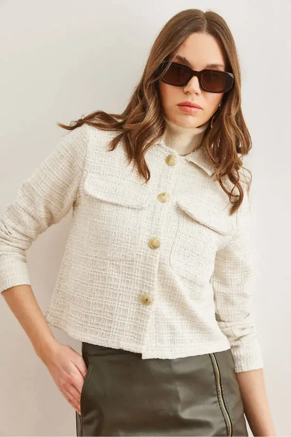 Women's Ecru Pocket Button Glitter Detail Tweed Jacket - 5