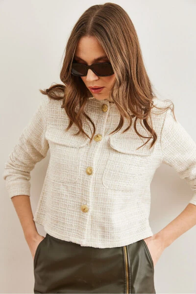 Women's Ecru Pocket Button Glitter Detail Tweed Jacket - 6