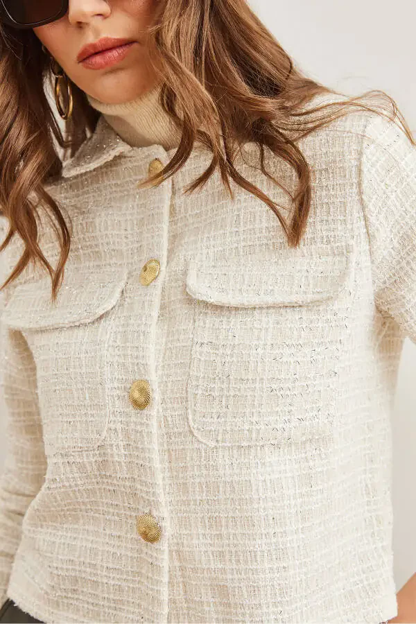 Women's Ecru Pocket Button Glitter Detail Tweed Jacket - 7