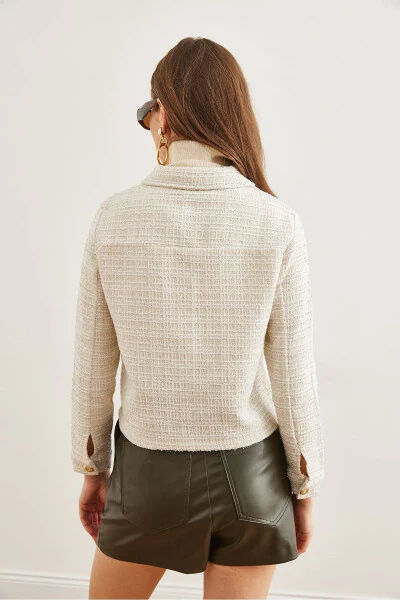 Women's Ecru Pocket Button Glitter Detail Tweed Jacket - 8